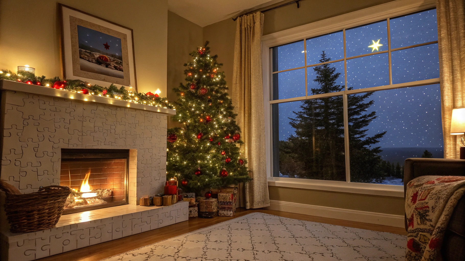 AI generated image by Red Panda AI: An image that looks like a puzzle that is already put together. On the image of the puzzle is a cosy living room with a christmas tree, a fire place and a window with a view on a bright star