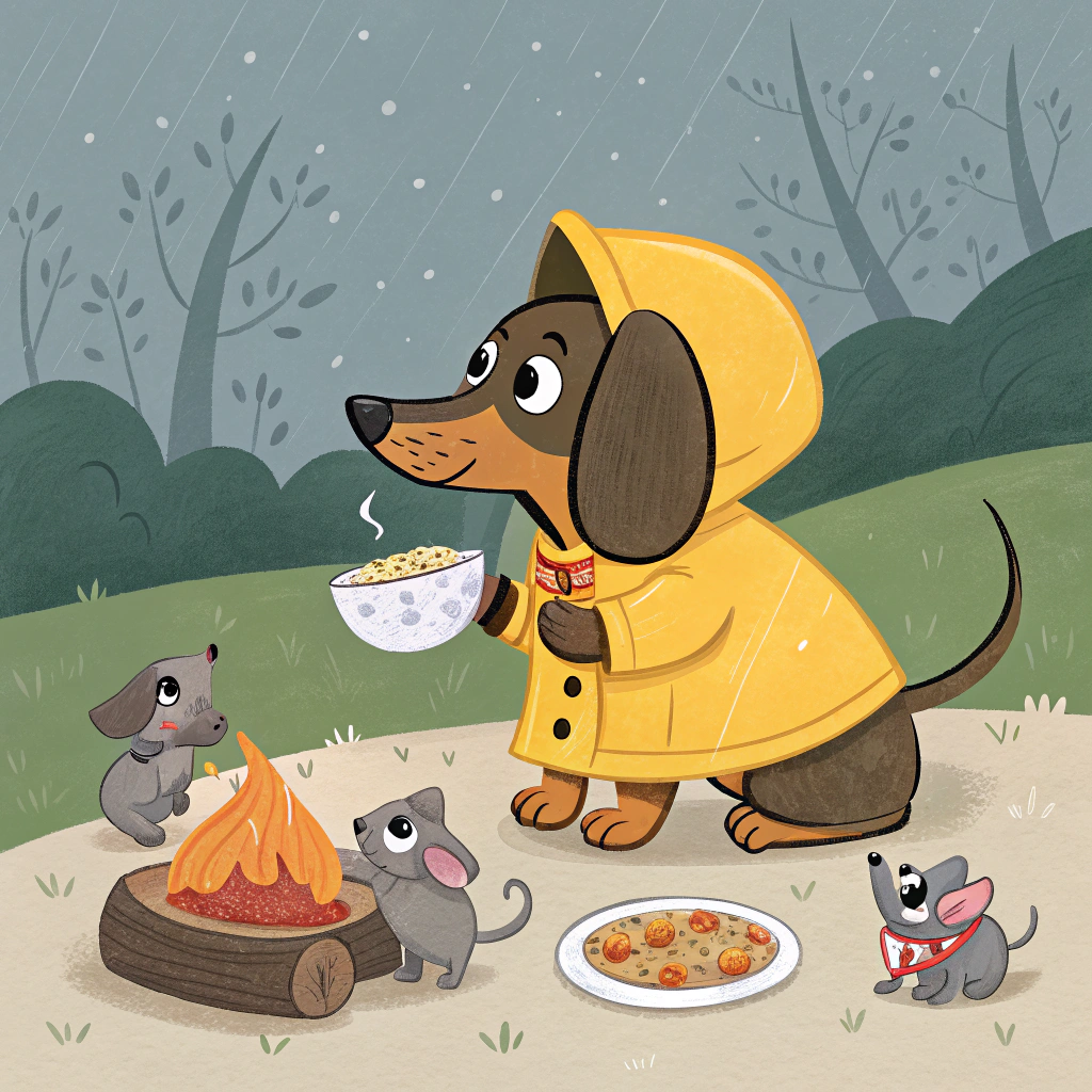AI generated image by Red Panda AI: create a dachshund with big ears and a raincoat and a small mouse sitting on its back eating a bowl of tortellini next to cute mice with big eyes sitting next to a campfire