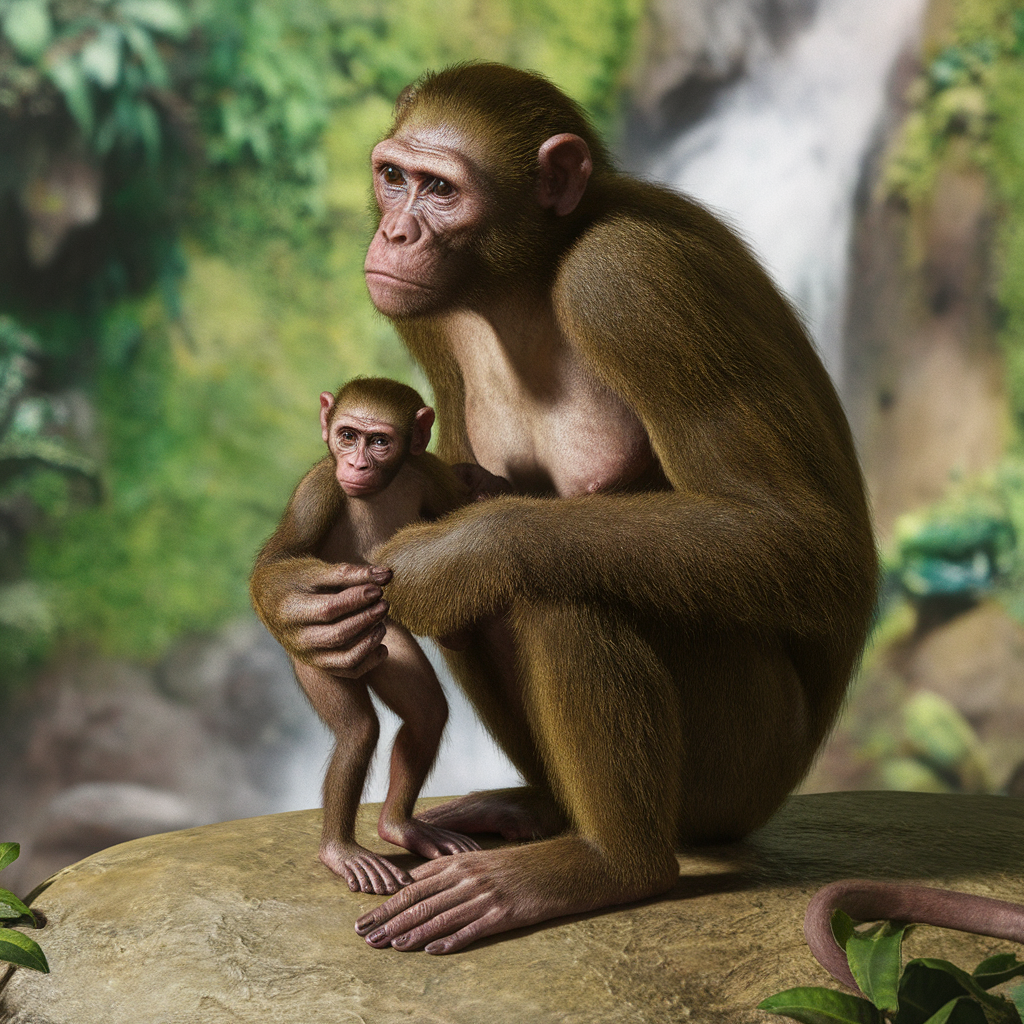 AI generated image by ideogram 2.0: Primitive female primates are breeding offspring