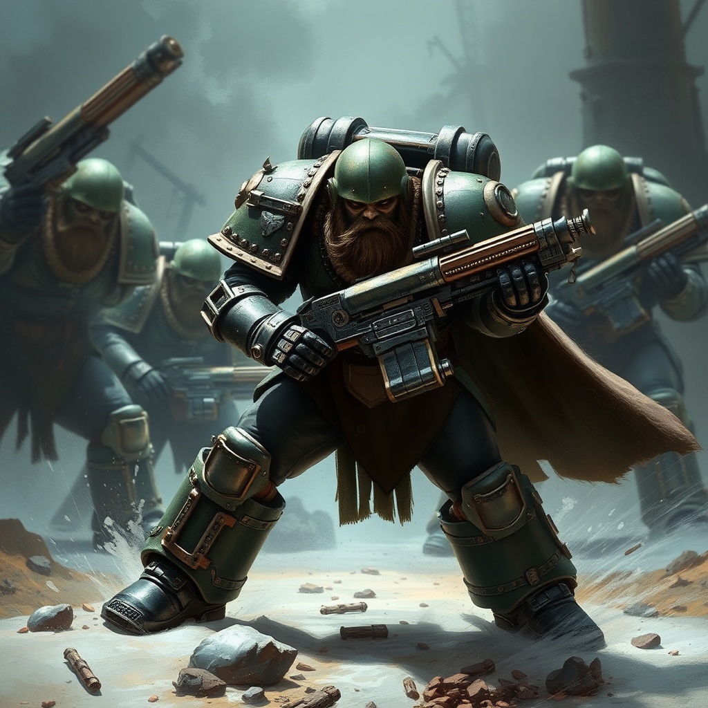 AI generated image by FLUX.1-schnell: henry cavill in warhammer 40000 as a sapce wolf space marine fighting against orks