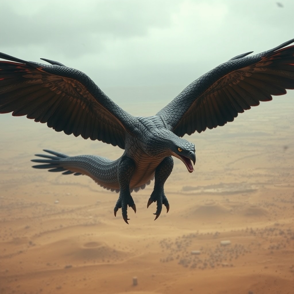 AI generated image by FLUX.1-schnell: "A menacing eagle-cobra hybrid, large cobra body with powerful eagle wings, sharp talons, deadly fangs dripping venom, soaring high above a desert landscape, highly detailed, photorealistic, epic and terrifying, dark and moody atmosphere