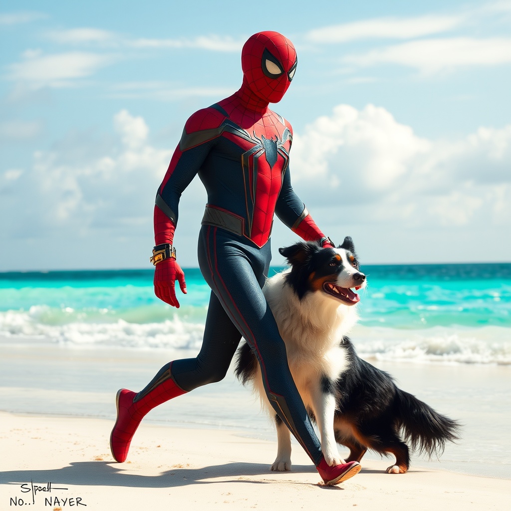 AI generated image by FLUX.1-schnell: image de spiderman qui promène en laisse un border collie sur une plage paradisiaque