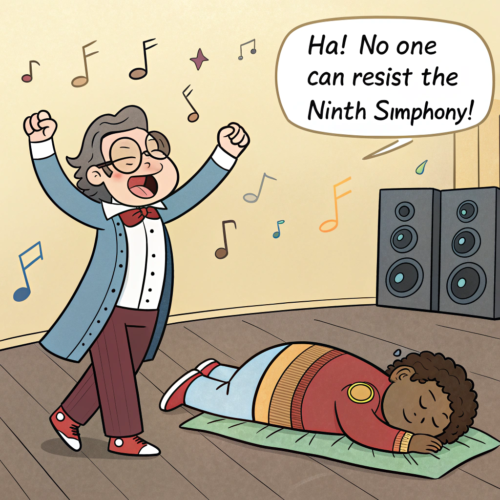 AI generated image by Red Panda AI: Panel 5:
(Super Siesta collapses on the floor, snoring. DJ Sonata celebrates).
💬 "Ha! No one can resist the Ninth Symphony!"
