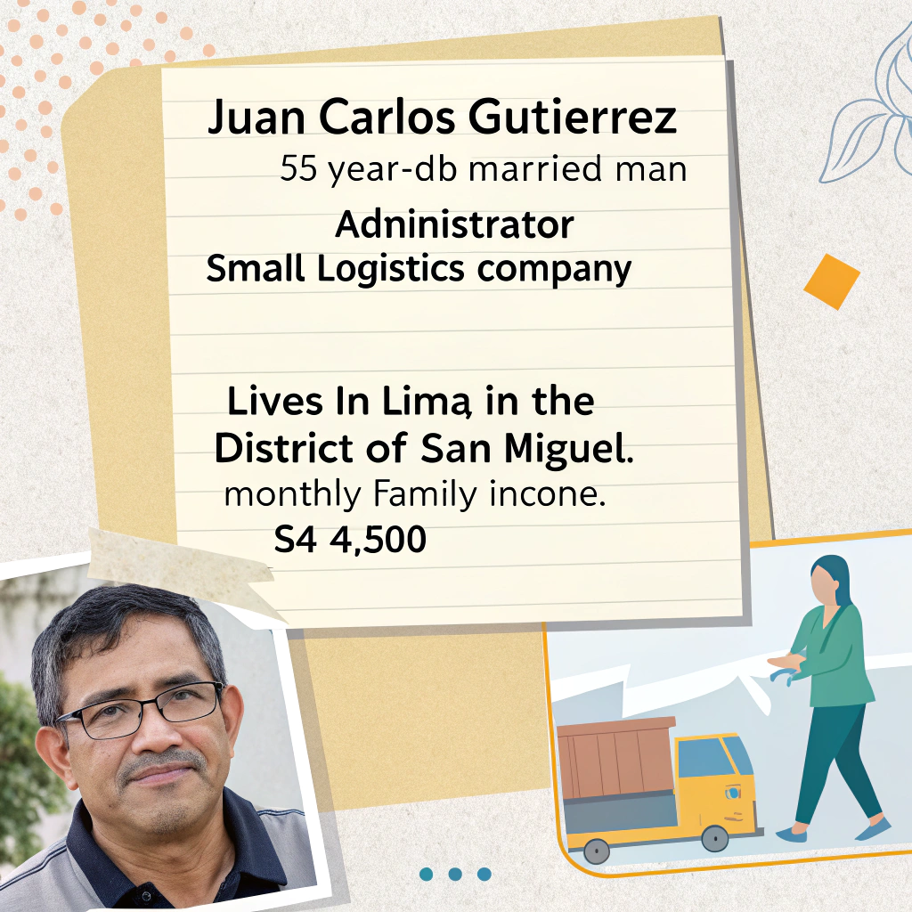 AI generated image by Red Panda AI: Nombre: Juan Carlos Gutiérrez
Edad: 35 años
Estado civil: Casado, con un hijo de 5 años.
Ocupación: Administrador en una pequeña empresa de logística.
2. Datos demográficos:

Vive en Lima, en el distrito de San Miguel.

Ingreso mensual familiar: S/ 4,500.