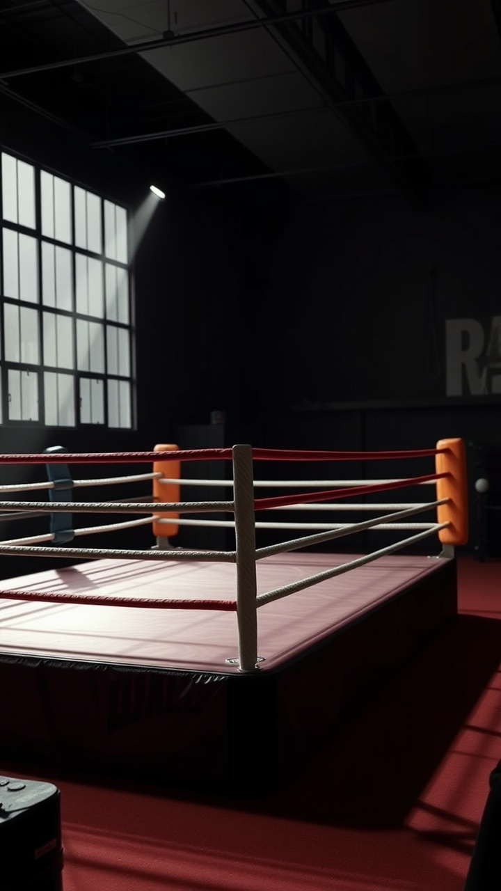 AI generated image by FLUX.1-schnell: boxing ring, little bit dark color 
