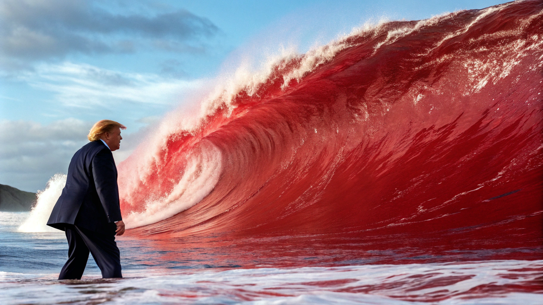 AI generated image by Red Panda AI: Giant red wave washes over Kamala Harris.  Donald Trump is surfing on the giant red wave.