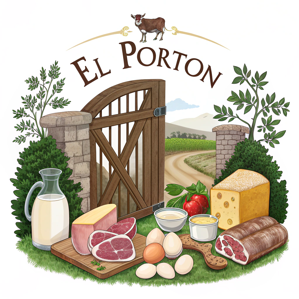 AI generated image by Red Panda AI: Logo de cremeria llamado "El portón", jamon, quesos, leche, huevo, salchicha, embutidos
