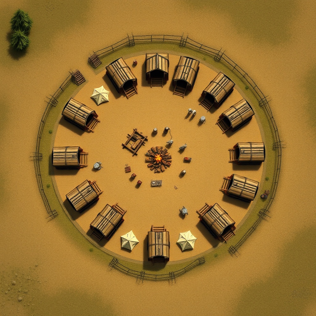 AI generated image by FLUX.1-schnell: TTRPG BATTLEMAP that contains a circle of 9 wagons and makeshift horse pen. There is  a central cooking fire and a number of tents. In the style of WOTC