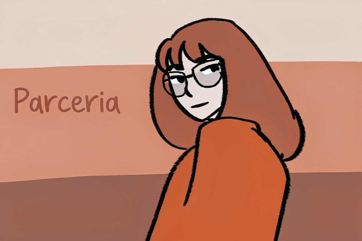 AI generated image by Red Panda AI: high-quality anime illustration, professional anime girl with brown hair and glasses, wearing long yellow clothing, body half-turned at 45-degree angle looking directly at viewer, confident expression, clean lines, soft lighting, muted background, text "Parceria" placed prominently next to character, detailed anime style, soft color palette, warm tones, realistic proportions with anime stylization, smooth color transitions, subtle shading, sense of partnership and collaboration, professional yet approachable mood, high resolution, 8k, sharp details