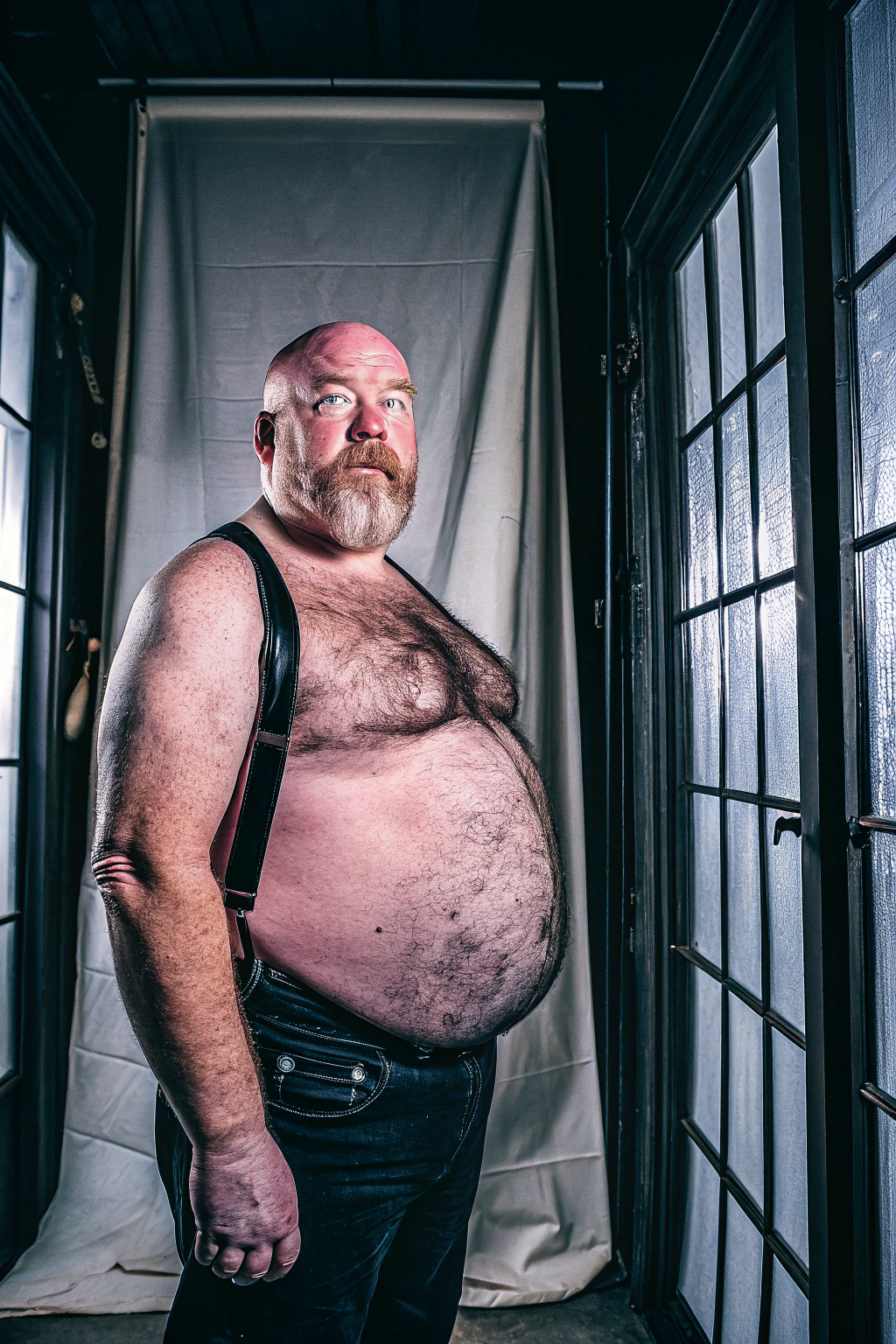 AI generated image by Red Panda AI: a studio photo of a slightly overweight 50 year old hirsute man. Man has heavy amount of body hair, hairy chest pattern, expanding his bloated heavy bearded-belly, bald head, brown and white goatee