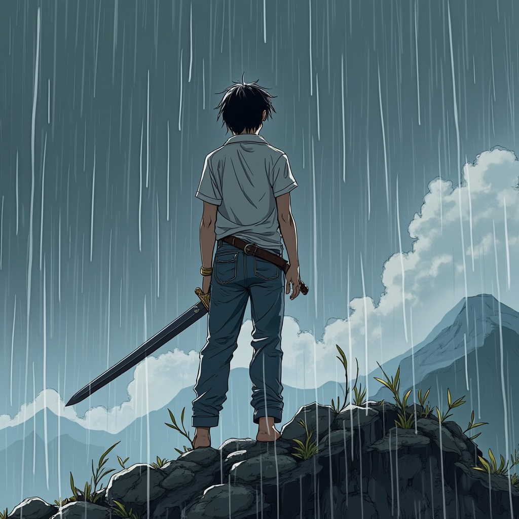 AI generated image by FLUX.1-pro: An 18 year old boy, I want the style of the image to be Japanese manga, the boy has black hair, he is wearing jeans and a shirt and he is holding a sword in his hand, the boy has the sword with the edge on the ground and he is looking up, it is raining on top of a mountain and you can feel the wind