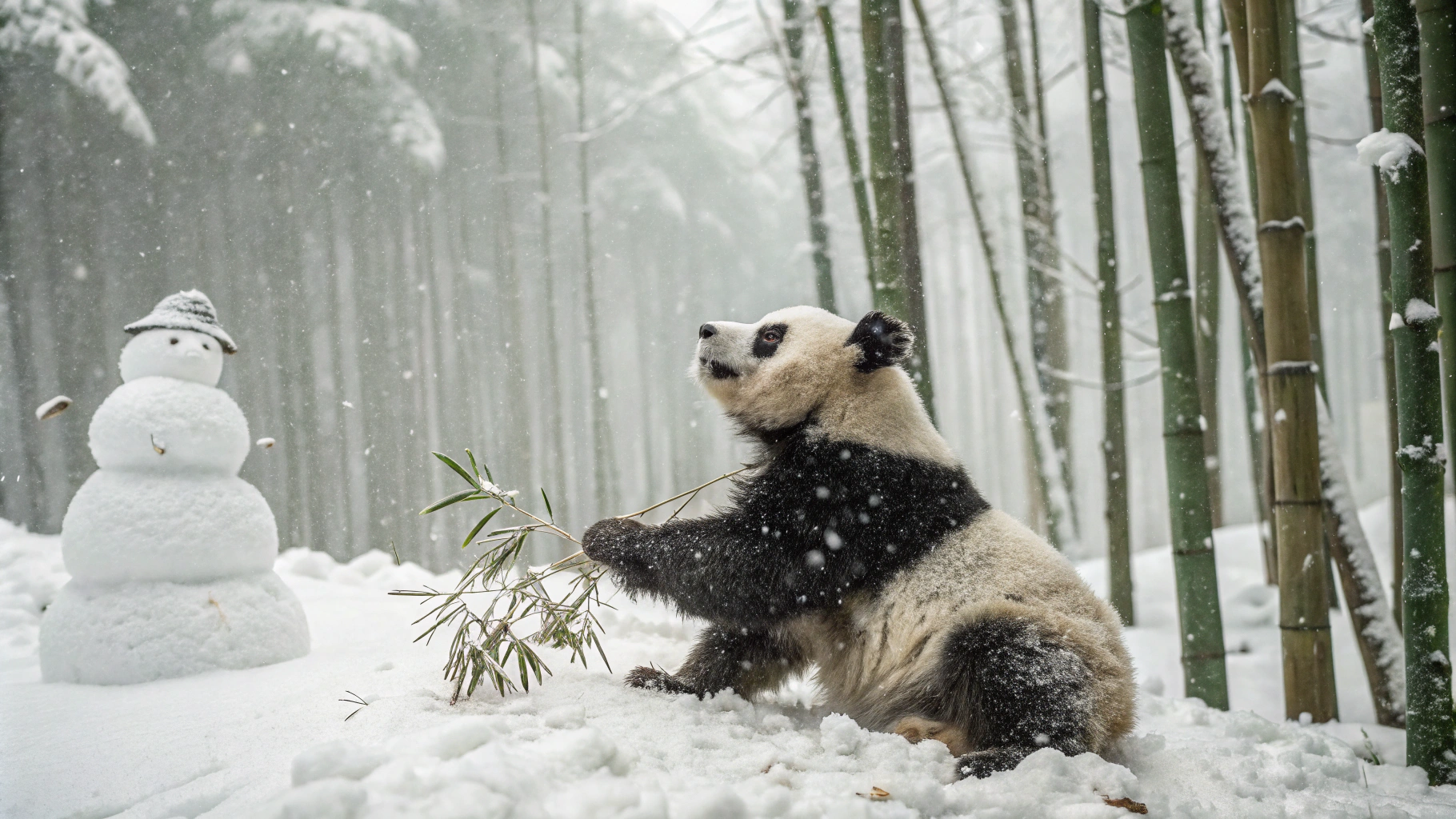 AI generated image by Red Panda AI: A fluffy panda sits in a tranquil bamboo forest blanketed with snow. The soft white snowflakes drift gently from the sky, landing on the panda's thick, black-and-white fur. The panda rolls around playfully, creating snow trails, its paws tossing snow up into the air, forming a delicate cloud of powder. Gleefully, the panda stands on its hind legs and flops backward into a fresh pile of snow, leaving an adorable panda-shaped imprint. Nearby, a snowman made from snowballs, complete with a bamboo hat and twig arms, adds to the whimsical scene. The air is crisp, and the panda's joyful antics bring a sense of warmth and cheer to the serene, snowy landscape