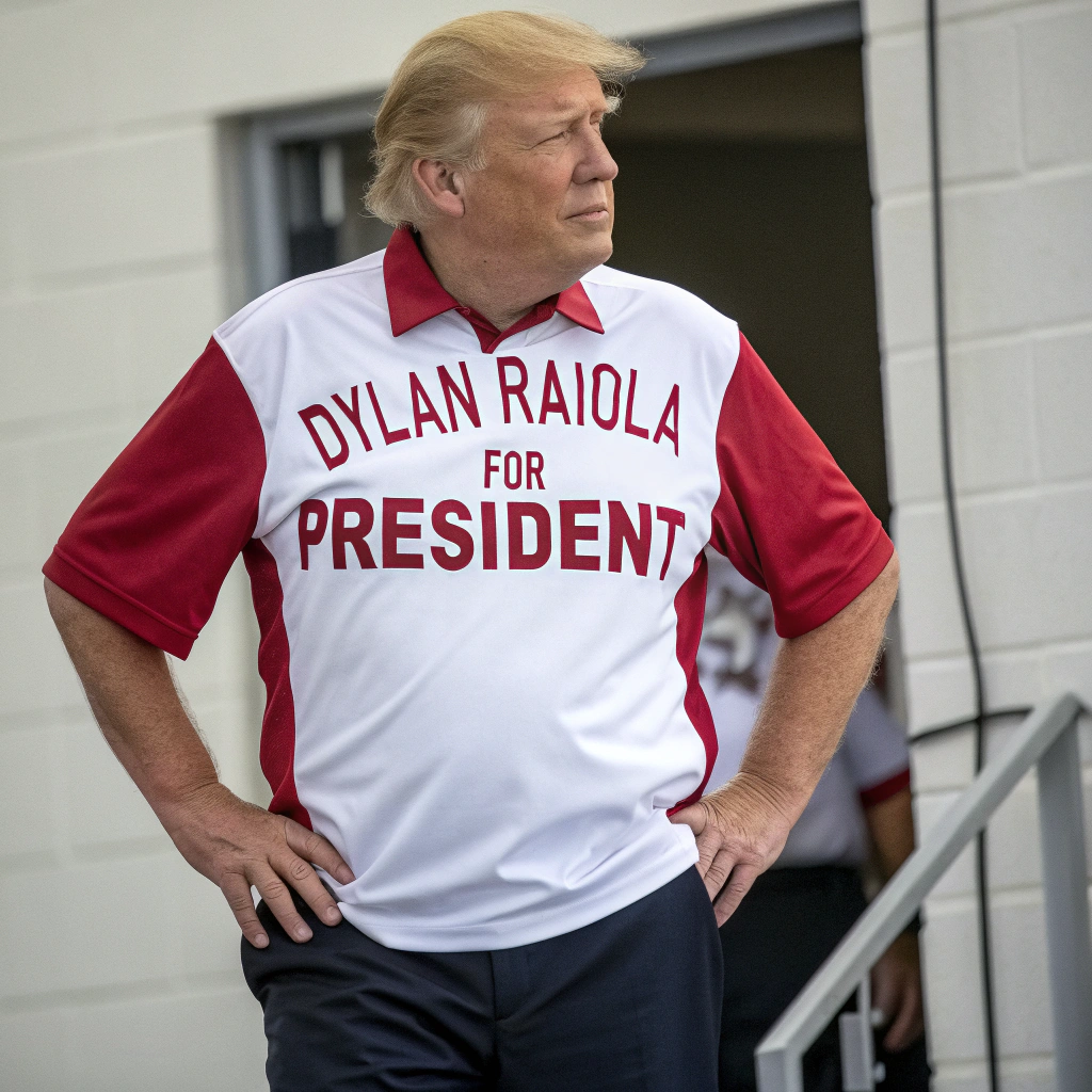 AI generated image by Red Panda AI: donald trump wearing a red and white shirt that says "Dylan Raiola for President" in retro font