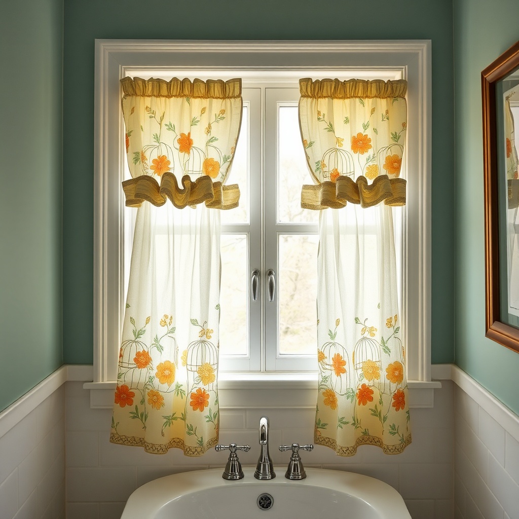 AI generated image by FLUX.1-schnell: a bathroom window with cheery cage curtains covering only the lower portion