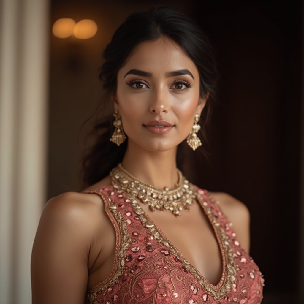 AI generated image by FLUX-Realism-Lora: A beautiful Indian model wearing glamorous dress, eyes and lips are beautiful