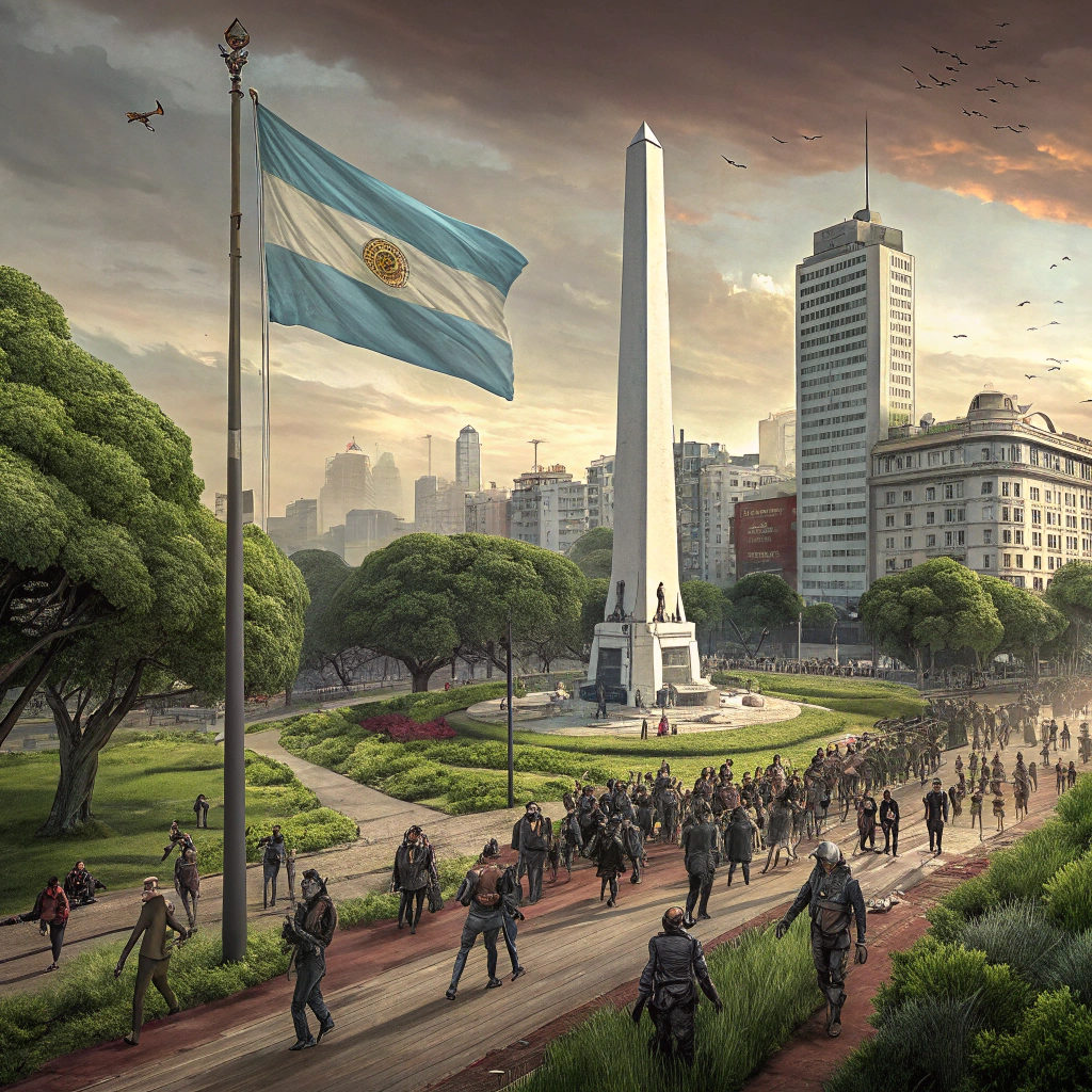 AI generated image by Red Panda AI: Invasión zombie en el Monumento nacional a la bandera de Rosario,argentina