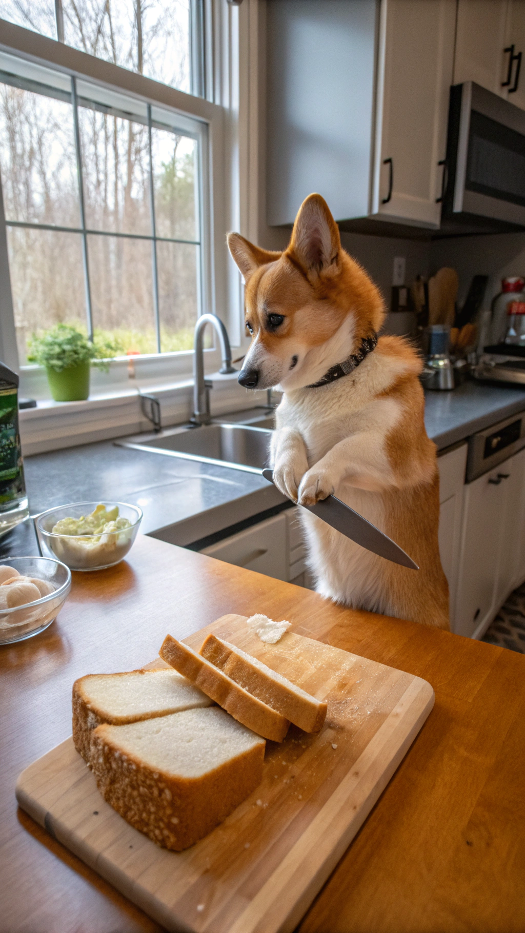 AI generated image by Red Panda AI: anthropomorphic corgi gripping a bread knife and slicing off slices of bread from a solid loaf of bread. Corgi is standing in an american suburban kitchen during the day. 