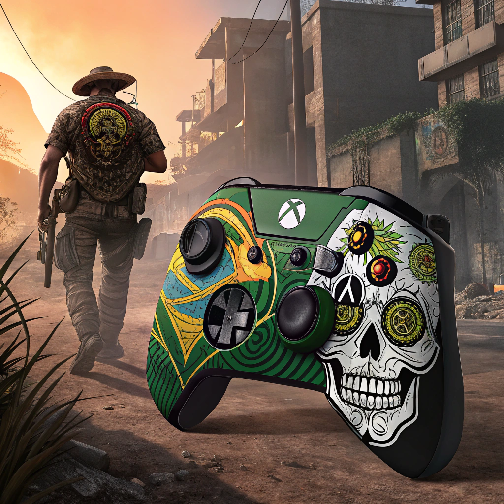 AI generated image by Red Panda AI: Crie uma imagem de uma caveira brasileira com controle de Xbox one e um fundo de call of duty black ops 6