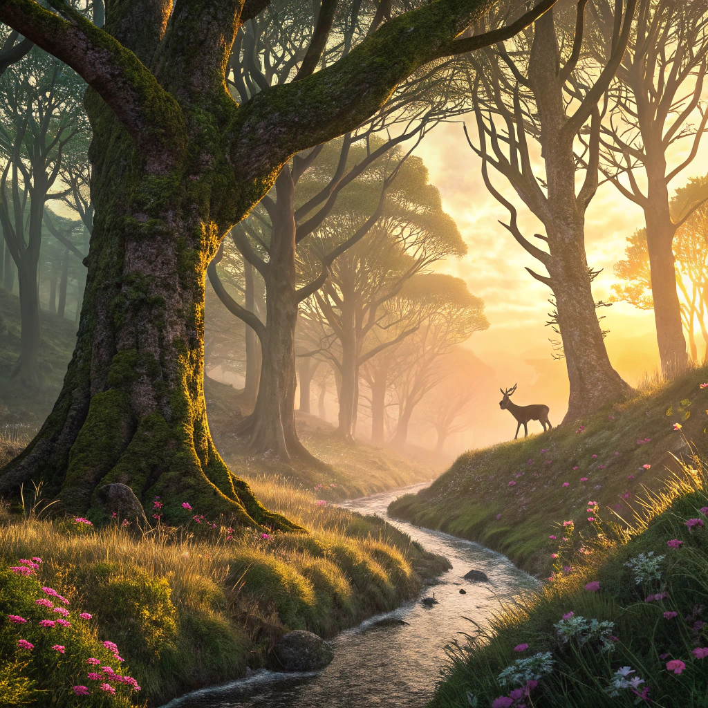 AI generated image by Red Panda AI: A mystical forest landscape at sunset, with tall, ancient trees covered in moss. The sunlight filters through the branches, casting a golden glow. A small stream flows through the forest, with colorful wildflowers along its banks. In the distance, a deer stands on a hill, silhouetted against the vibrant sky. The scene is tranquil and ethereal, with a fantasy-like atmosphere.
