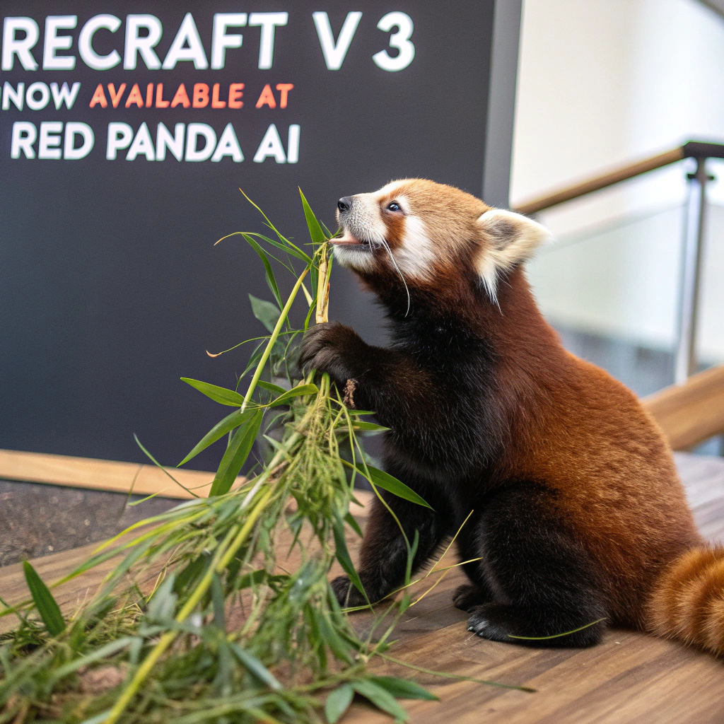 AI generated image by Red Panda AI: a red panda eating a bamboo in front of a poster that says "recraft V3 now available at red panda ai