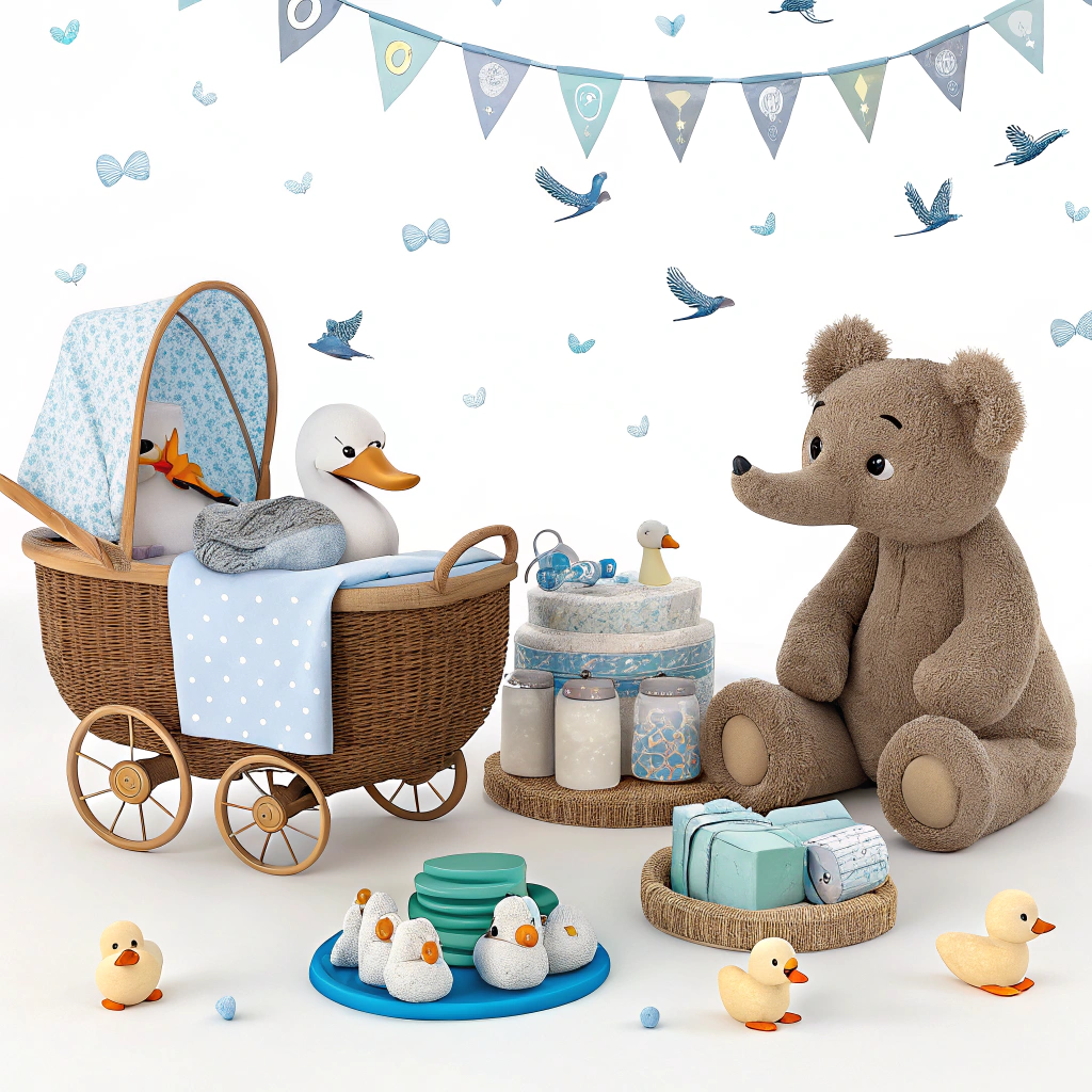 AI generated image by Red Panda AI: A beautifully detailed 3D animation scene in Disney style, featuring many baby boy items. The background is white and includes ducks, teddy bears, and elephants. The scene is rendered in stunning 4k detail, showcasing textures and depth