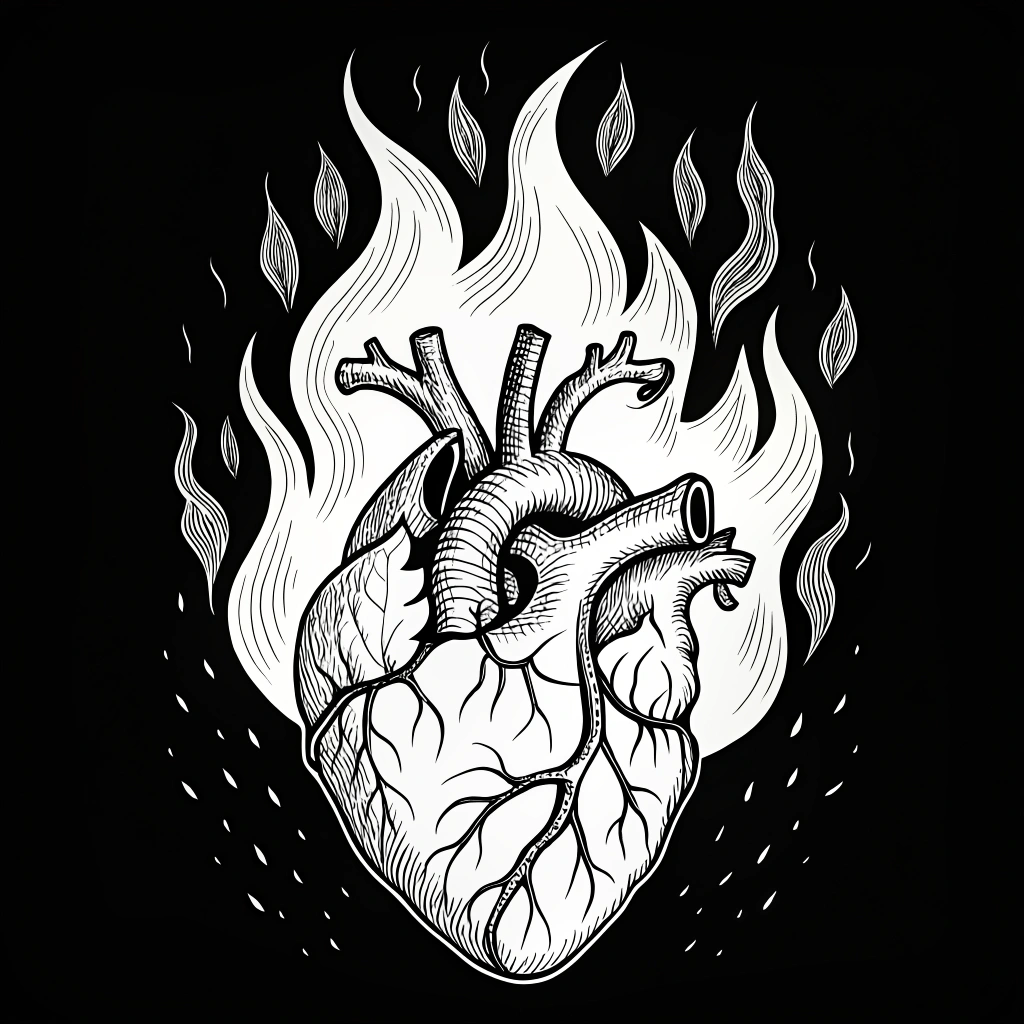 AI generated image by Red Panda AI: vector with shading of a human heart engulfed in flames in tattoo style, white on black background