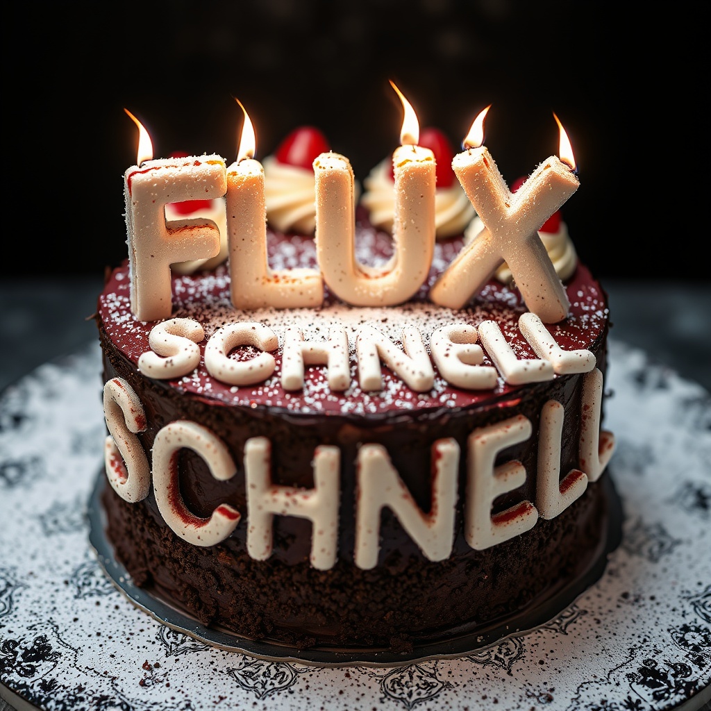 AI generated image by FLUX.1-schnell: black forest gateau cake spelling out the words "FLUX SCHNELL", tasty, food photography, dynamic shot