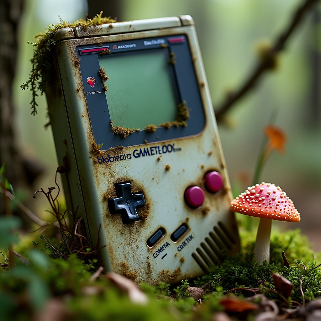 AI generated image by FLUX.1-pro: gameboy classic abandonned in woods and contaminated with moss and little mushrooms