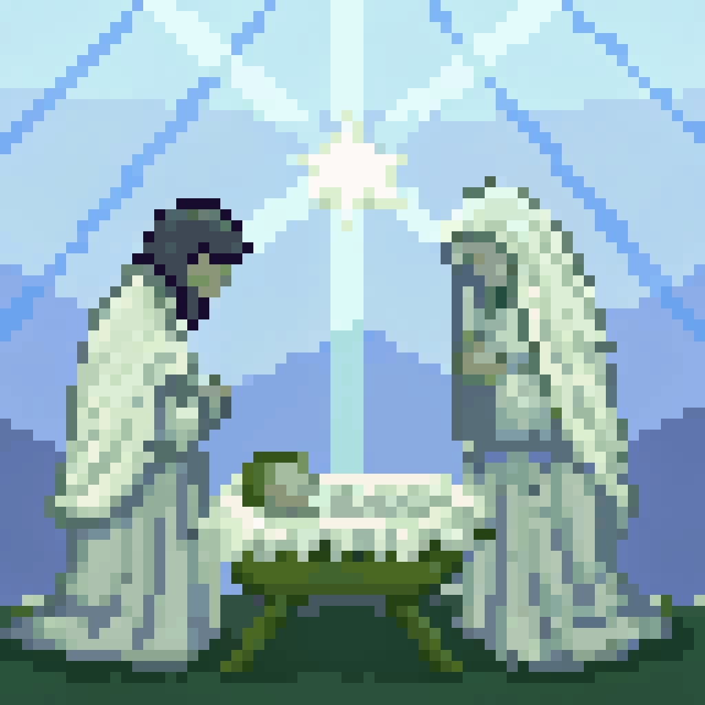 AI generated image by Red Panda AI: Create a stylized depiction of the Nativity scene, drawing inspiration from Coptic iconography. Mary and Joseph, dressed in traditional Coptic garments, gaze adoringly at the infant Jesus, who lies in a manger. A single star shines brightly above. The background features subtle Coptic geometric patterns.