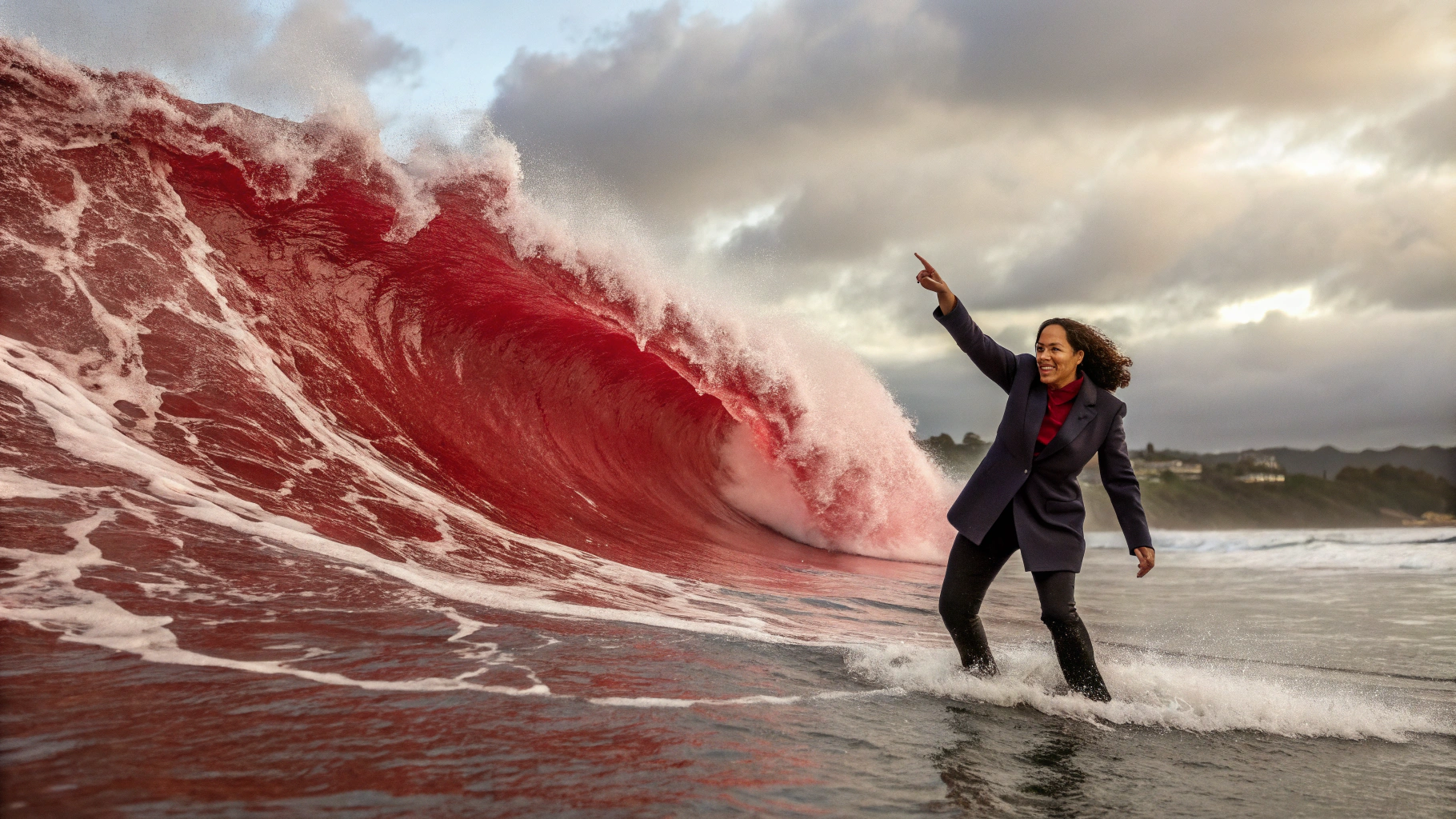 AI generated image by Red Panda AI: Giant red wave washes over Kamala Harris.