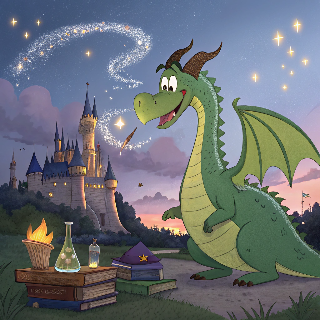 AI generated image by Red Panda AI: Disney Pixar style rendering of a magical and enchanted world, a cheerful green dragon illuminated by lights and sparkles flies in front of a beautiful wizard's castle at dusk with clouds, potions, books and a wizard's hat on the ground in the foreground