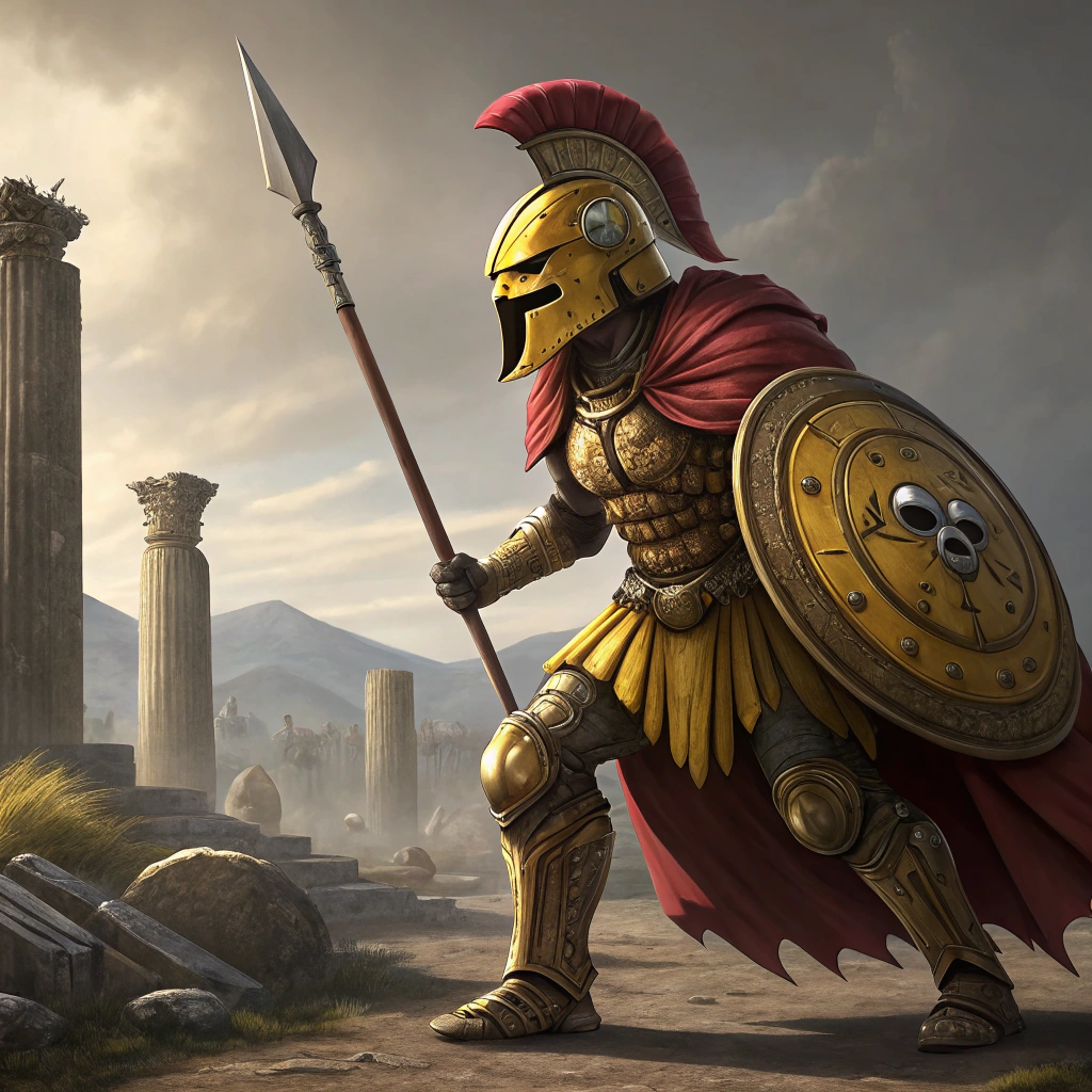 AI generated image by Red Panda AI: pacman as a fierce ancient greek sparta warrior