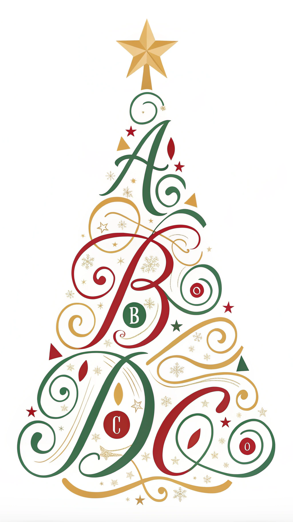 AI generated image by Red Panda AI: An elegant minimalist Christmas tree composed entirely of intricately arranged, stylized capital letters A, B, C, D in festive red, green, and gold hues, forming a graceful tree silhouette. A simple golden star tops the tree. The design has a smooth, organic, swirling pattern reminiscent of abstract calligraphy, on a clean white background. No additional text.