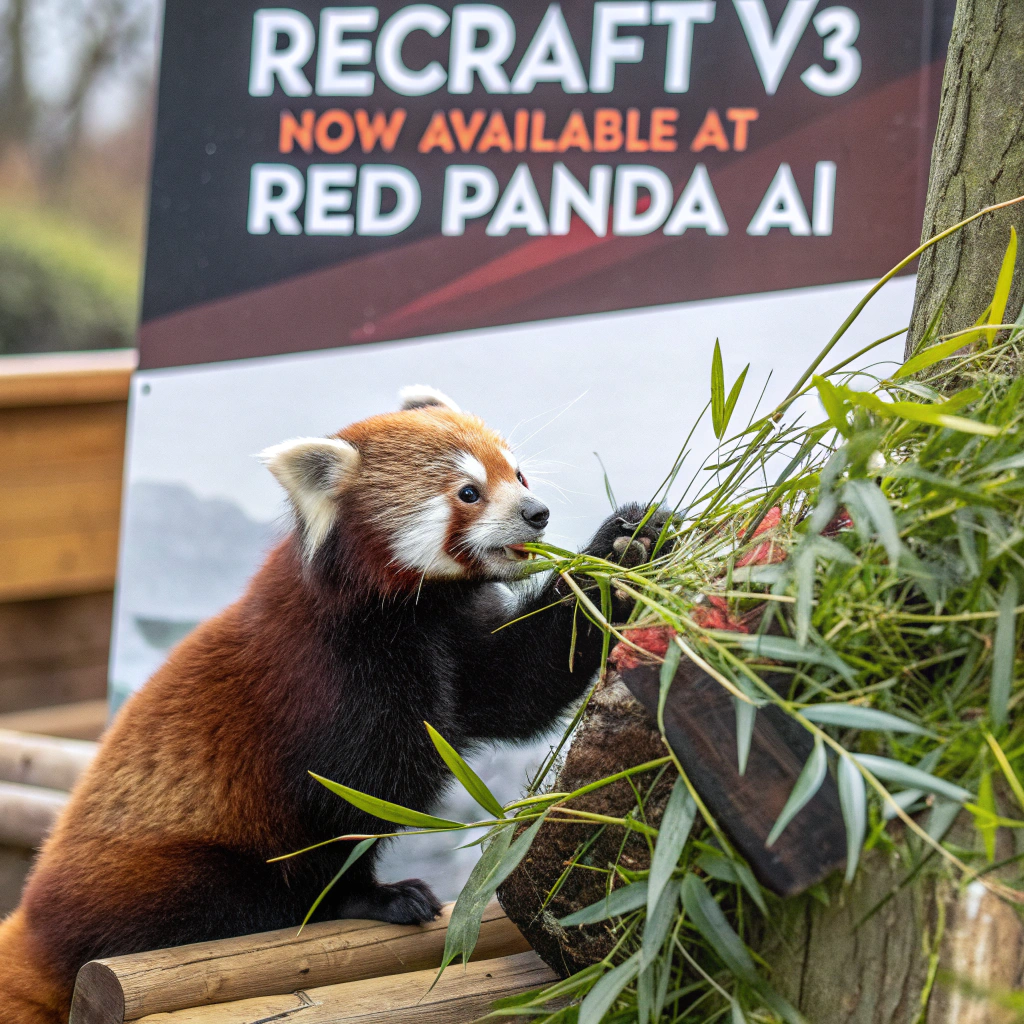 AI generated image by Red Panda AI: a red panda eating a bamboo in front of a poster that says "recraft V3 now available at red panda ai