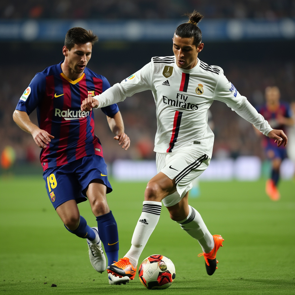 AI generated image by FLUX.1-pro: Cristiano Ronaldo kicking Leonel Messi