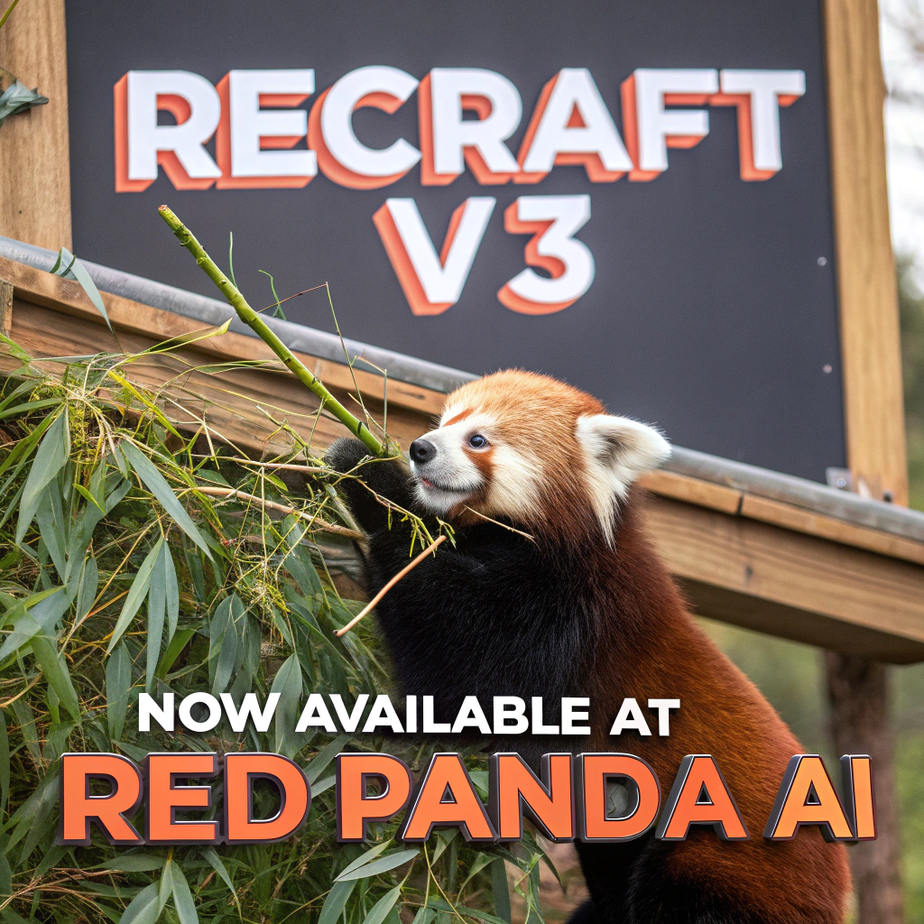 AI generated image by Red Panda AI: a red panda eating a bamboo in front of a poster that says "recraft V3 now available at red panda ai
