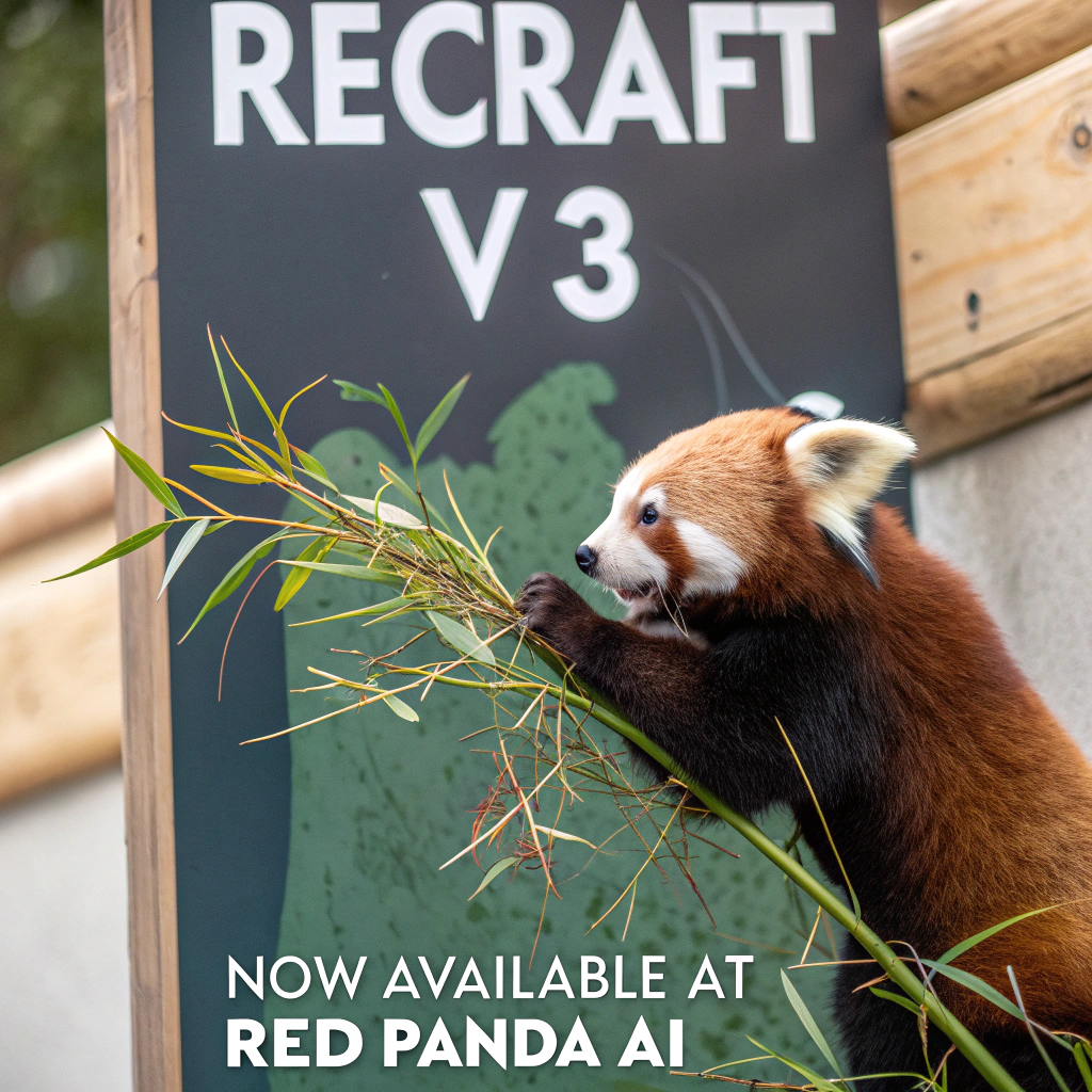 AI generated image by Red Panda AI: a red panda eating a bamboo in front of a poster that says "recraft V3 now available at red panda ai