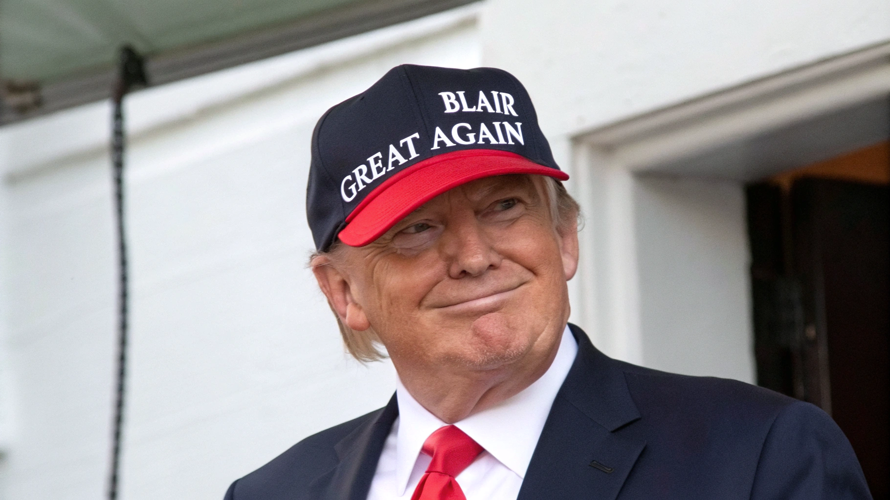 AI generated image by Red Panda AI: Donald Trump wears a hat that says "Make Blair Great Again"
