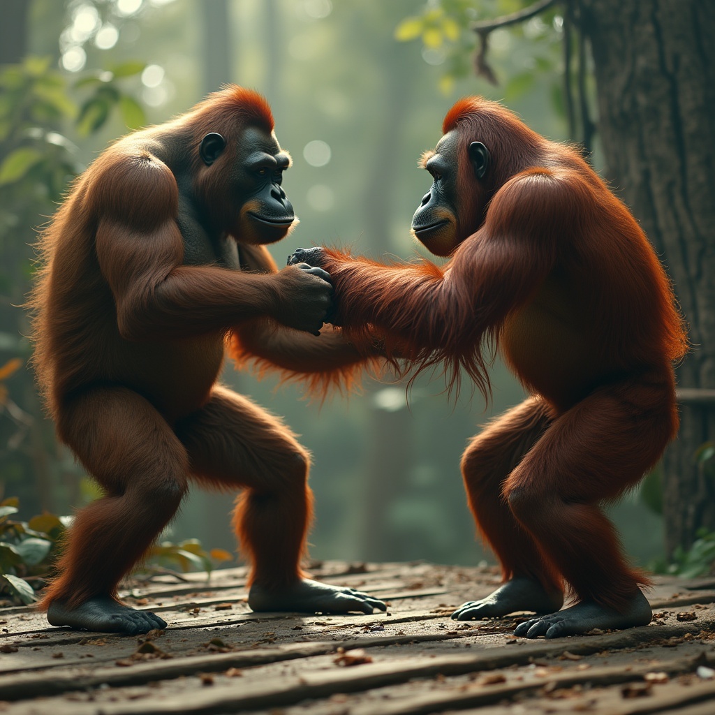 AI generated image by FLUX.1-pro: Hazme una imagen de la pelea entre un hombre al que le falta una mano vs un orangutan, es para una pelicula