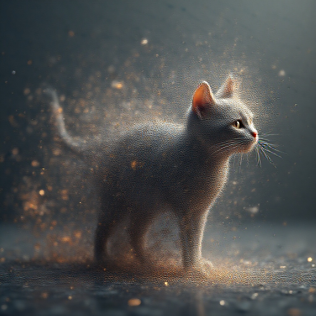 AI generated image by FLUX.1-pro: Create a side view of a beautiful cat but one half of the cat is split up into thousands of particals and floating away. Highly detailed and ultra realistic. This piece of art should be visually stunning., conceptual art, cinematic, 3d render, poster