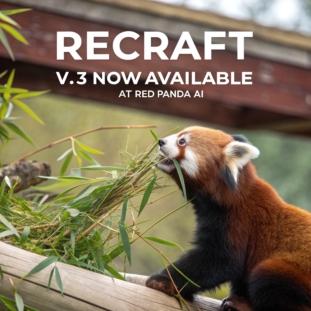 AI generated image by Red Panda AI: a red panda eating a bamboo in front of a poster that says "recraft V3 now available at red panda ai