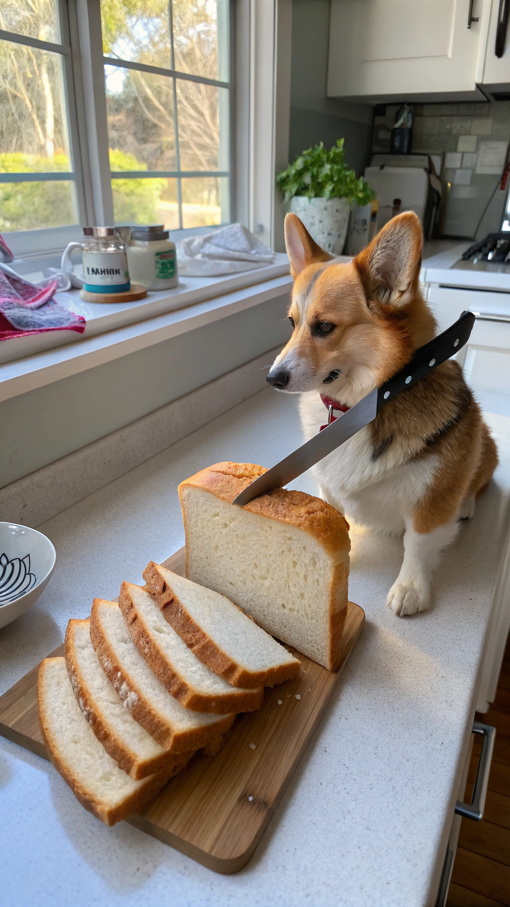 AI generated image by Red Panda AI: real life iphone photo of a corgi holding a bread knife with its furry paw to slice into a solid loaf of American bread. Next to the solid loaf of bread are several slices of bread. Scene is a suburban American kitchen during the day.