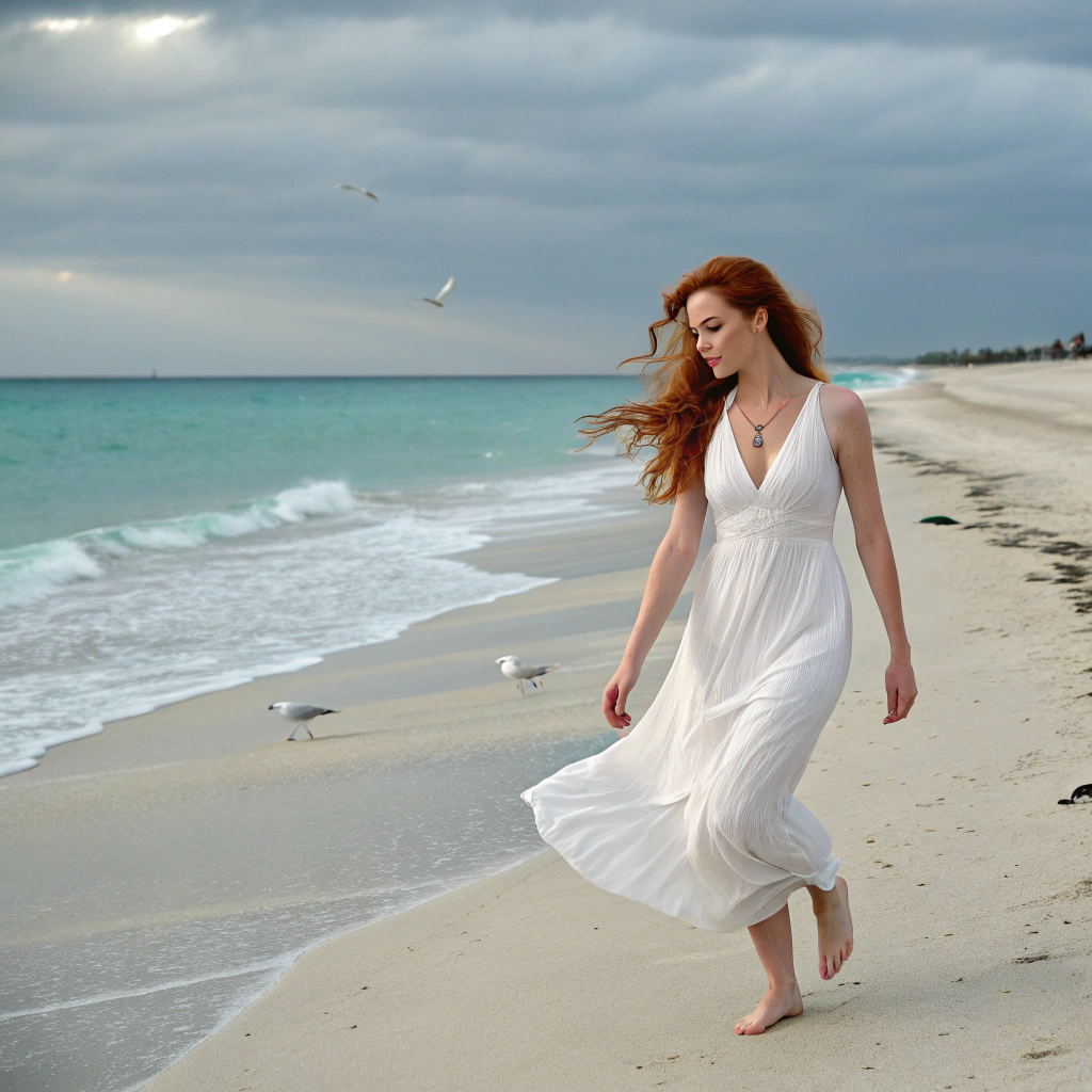 AI generated image by Red Panda AI: a stunning gorgeous redhead woman walking alone in the beach, photorealistic