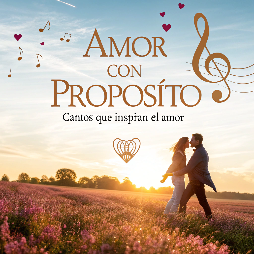 AI generated image by Red Panda AI: Create a cover that represents love and spirituality. The background should be an inspiring landscape, such as a sunrise over a flower-filled field. Include silhouettes of two people embracing or walking together, symbolizing unity. Add graphic elements like delicate hearts and scattered musical notes. Use an elegant and romantic font for the title "Amor con Propósito" and an inspiring phrase like "Cantos que Inspiran el Amor" The color palette should be soft and warm, with pastel tones like pink, gold, and light blue. The image should convey a sense of genuine love and hope. This prompt should be helpful for any designer or image creation tool. I hope it helps you achieve a beautiful cover!