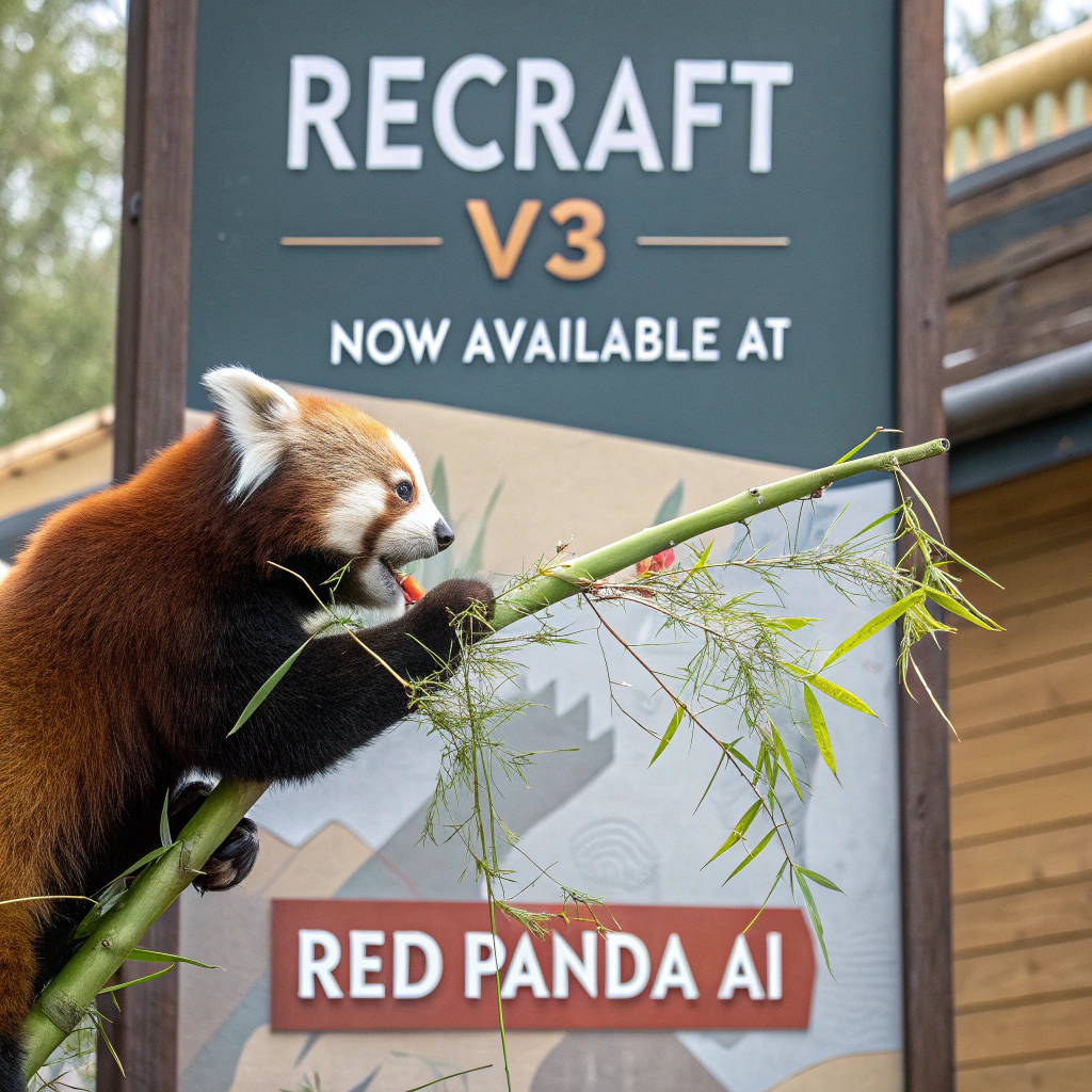 AI generated image by Red Panda AI: a red panda eating a bamboo in front of a poster that says "recraft V3 now available at red panda ai