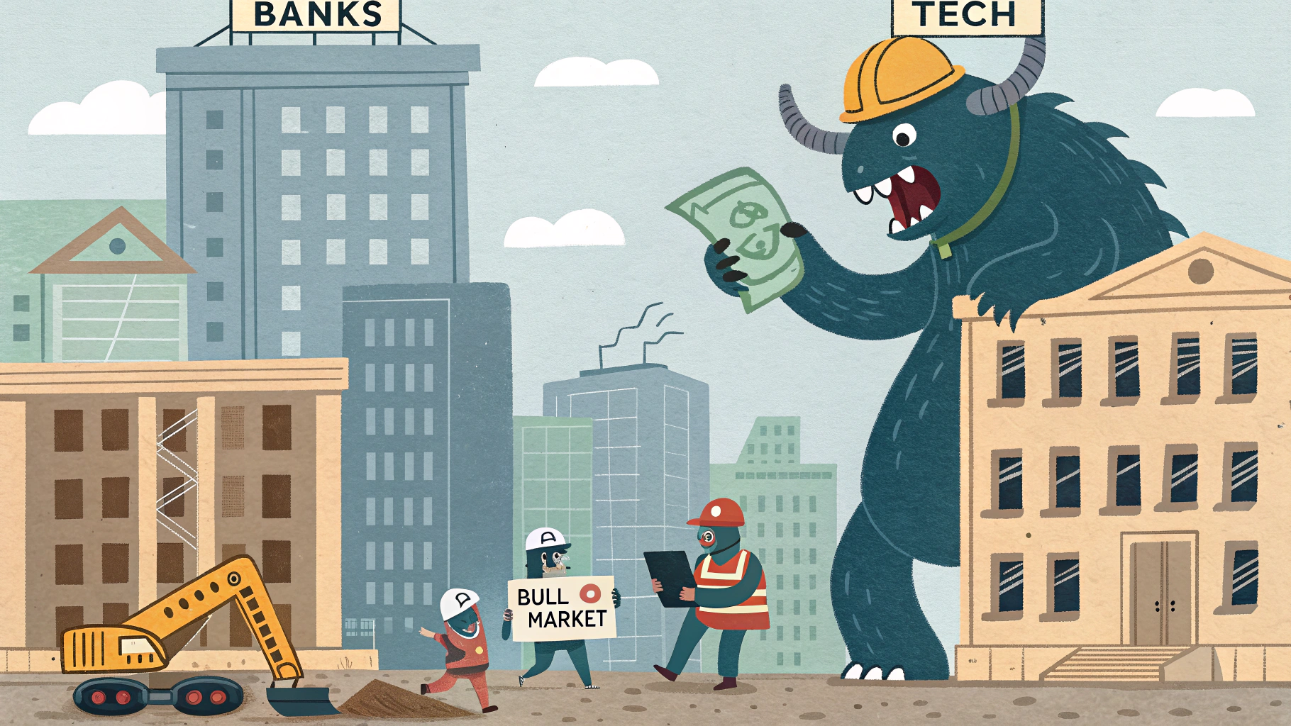 AI generated image by Red Panda AI: A towering monster with dollar signs for scales and tariff documents clutched in its claws looms over a miniature financial district. Buildings labeled "BANKS" and "TECH" show visible damage, while others remain intact. In the foreground, determined construction crews wearing "BULL MARKET" hard hats operate heavy machinery, rapidly rebuilding structures. 