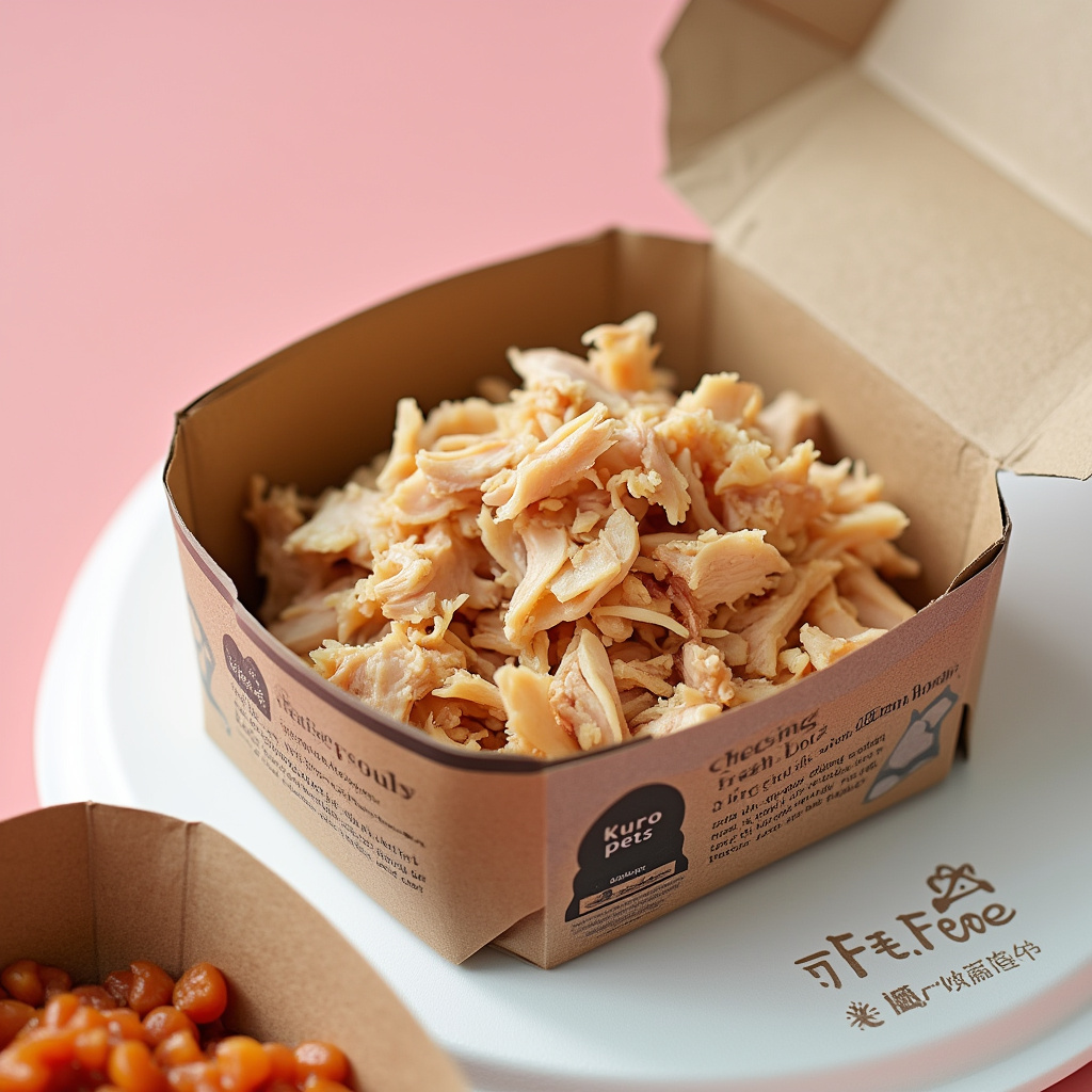 AI generated image by FLUX.1-pro: a real product image for an assorted meal for pets containing cooked shredded chicken breast with some pieces of organ meat.
The meal is in a flat pet bowl like paper container with a sealed transparent lid with a pull tab. The brand tag on the bowl and lid is "Kuro pets". The label on the lid also mentions the name of the pet the meal is packed for. The name of the pet is "feefee". The lid also mentions the contents of the meal bowl, time of packaging, fresh until, any addons such as added fish oil supplement, bone broth etc. 