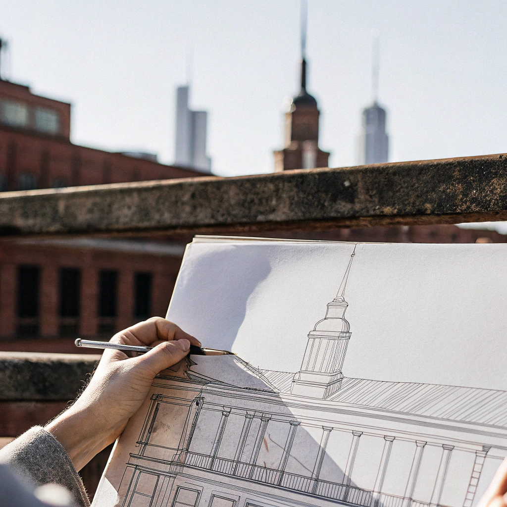 AI generated image by Red Panda AI: EDIFICIO CROQUIS FONDO BLANCO RASCA CIELOS

