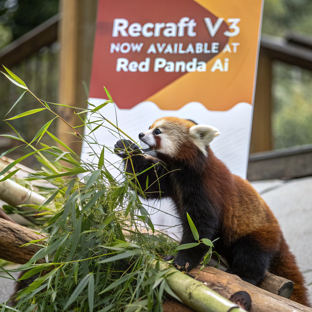 AI generated image by Red Panda AI: a red panda eating a bamboo in front of a poster that says "recraft V3 now available at red panda ai