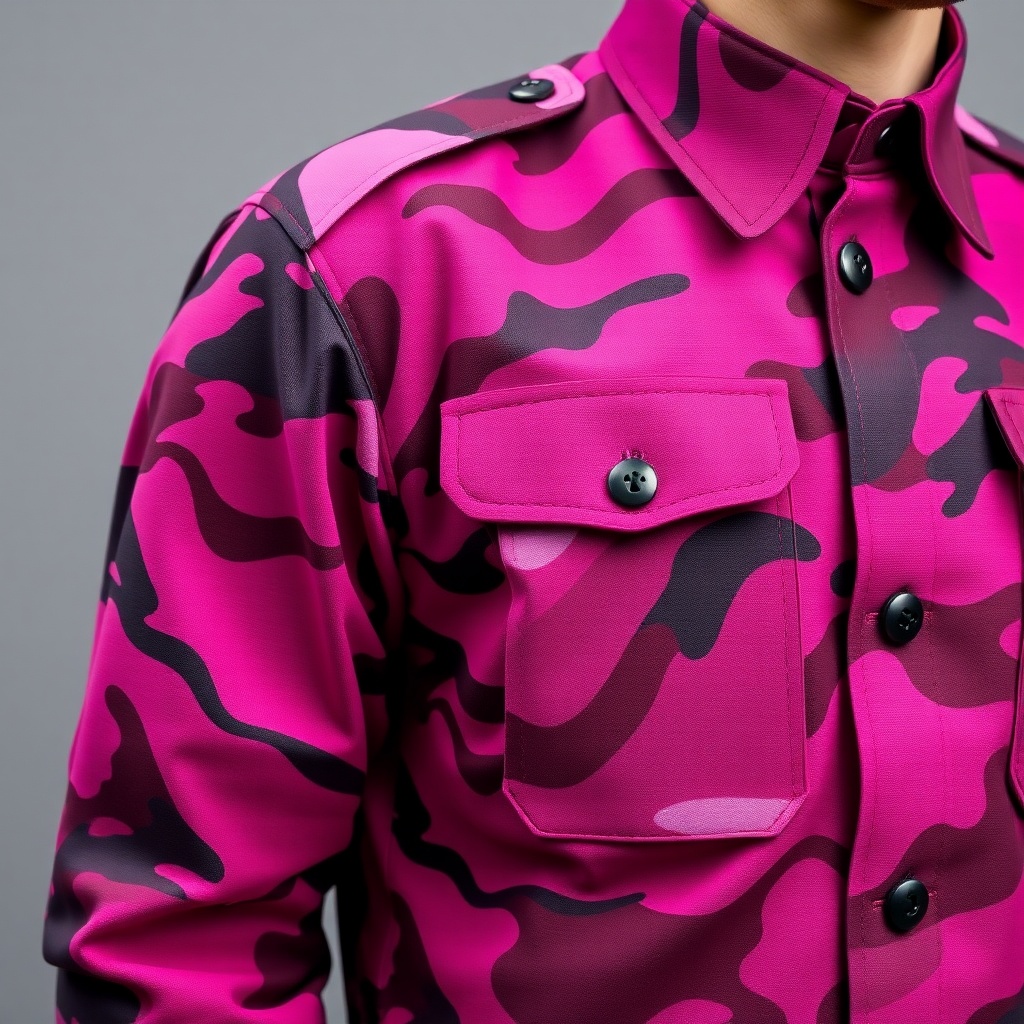 AI generated image by FLUX.1-schnell: UNIFORME MILITAR CAMMO FULL COLOR MAGENTA